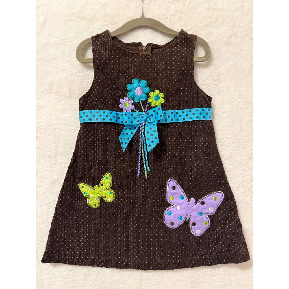 Ashley Ann Toddler Girls 3T Brown Corduroy Jumper Dress Butterfly Floral Dot